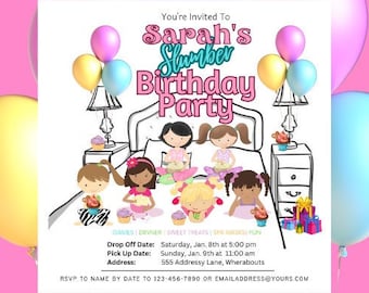 Girl's Sleepover Birthday Invitation - Digital Download