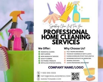 May include: A promotional image for professional home cleaning services. The image features cleaning supplies in a green bucket, and a flyer with the text "PROFESSIONAL HOME CLEANING SERVICES". The flyer lists services offered and reasons to choose the company.