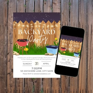 Può includere: Un invito a una festa in giardino con un mockup di telefono blu e bianco. L'invito presenta una recinzione in legno con luci a catena, un barbecue e un frigorifero. Il testo recita "Festa in giardino" e include la data, l'ora e il luogo. Si prega di confermare la propria presenza a name@emailaddress.com.