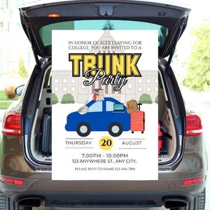 May include: An invitation for a trunk party, featuring a blue car graphic loaded with luggage. The invitation is set against the open boot of a brown SUV. The text includes the date, time, and RSVP details for the event.