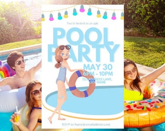 Adorable Animated POOL PARTY Digital Download INVITATION, Edit in Canva, 5 x7, Swimming Party Invitation