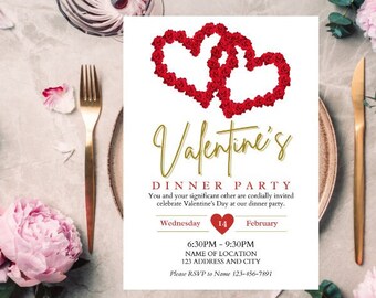 May include: A Valentine's Day dinner party invitation with two red hearts made of roses. The invitation includes the date, time, and location of the party. Please RSVP to Name 123-456-7891.