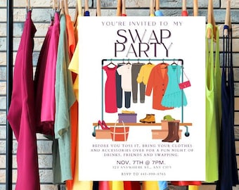 Kleding SWAP PARTY Digitale uitnodigingssjabloon, flyer, socialmediapost, bewerken in canva, 8,5 x 11 inch gedrukt, elektronisch verzenden