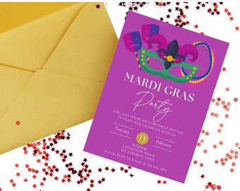 May include: Purple invitation card with a Mardi Gras party theme. The card features a green, purple, and gold mask with feathers and beads. The text on the card reads "Mardi Gras Party" and includes details about the party, such as the date, time, and location.