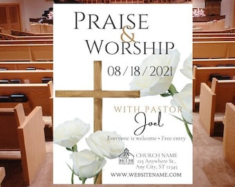 Church Praise & Worship Event Flyer: White Roses Canva Template (Digital Download)