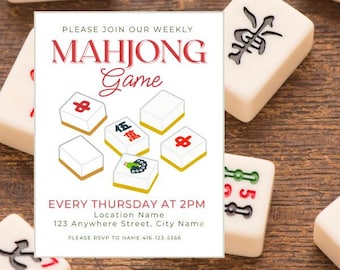 MAHJONG uitnodiging digitale downloadbestandssjabloon, gebruik als flyer of sociale post. Bewerken op canvas, 8 x 10 inch bedrukt