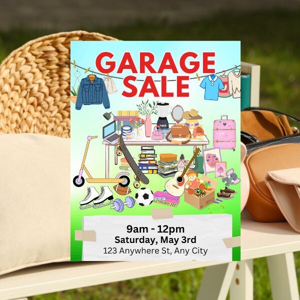 GARAGE SALE FLYER Digital Download Template, Edit in Canva, 8.5 x 11 inches, Yard Sale Social Media Post