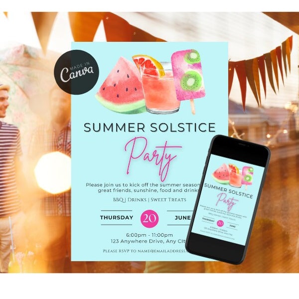 SUMMER SOLSTICE Invitation, Start of SUMMER Party Invitation - Digital Download, Edit in Canva, Template Design with free elements, 5 x 7