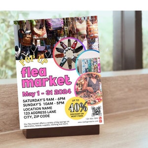 May include: A colorful flyer advertising a pop-up flea market. The flyer features a variety of items for sale, including clothing, shoes, and accessories. The market is open from May 1st to 31st, 2024, with hours of operation on Saturdays and Sundays. The flyer also includes a QR code and a website address.