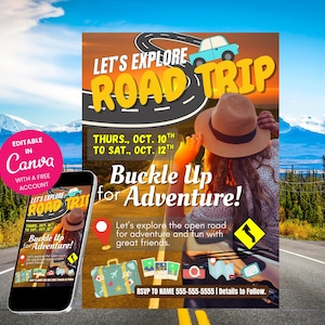 Editable Road Trip Invitation | 5x7&quot; Printable Travel Adventure Invite | Canva Template | Instant Download