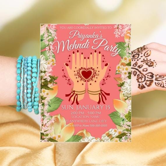 Mehndi Party Invitation Digital Download Template, Indian Bride, Indian Wedding, Mehndi Ceremony, Henna Party, Easy to Edit in Canva 5 x 7