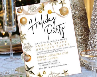 May include: A white invitation with gold accents and the words "Holiday Party" in elegant script. The invitation includes details for a staff holiday dinner party, with gold stars, snowflakes, and ornaments.