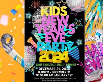 Kids 2024 Animated New Years Sleepover Party Invitation - Digital Download, Edit in Canva, send electronically.  Fun, easy to edit.