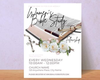 Puede incluir: Un folleto blanco con el texto "Women's Bible Study Fellowship" en escritura elegante. El folleto presenta un libro abierto, gafas, un bolígrafo y una cruz, con rosas blancas en la parte inferior. Detalles: día, hora y lugar.