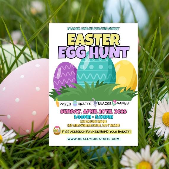 Easter Egg Hunt Invitation Flyer Digital Download Template. Edit and customize in Canva, printable