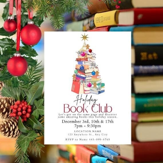 HOLIDAY BOOK CLUB Invitation Flyer- Digital Download Template 8.5 x 11 Inches, Edit in Canva, Christmas Reading Club