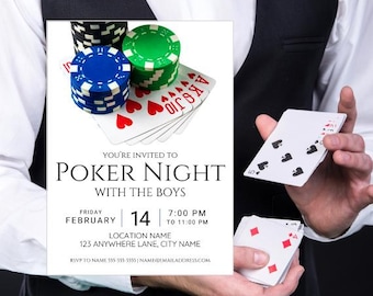 May include: Poker night invitation with a white background. The invitation features a stack of poker chips, playing cards, and the text "You're invited to Poker Night with the Boys". The date is February 14th, and the time is 7:00 PM to 11:00 PM. The location is 123 Anywhere Lane, City Name. The RSVP information is included at the bottom of the invitation.