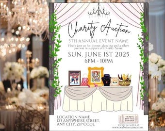 May include: An event invitation for a charity auction. The invitation features the text "Charity Auction" and details about the event, including the date, time, and location. The image also includes illustrations of items that will be auctioned.