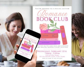 Romance Book Club Flyer Digital Download Template.  Editable in Canva. Perfect for Valentines Day themed book clubs