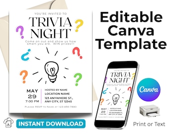 TRIVIA Night Party Invitation Digital Download Template, Edit in Canva, 8 x 10 Inches