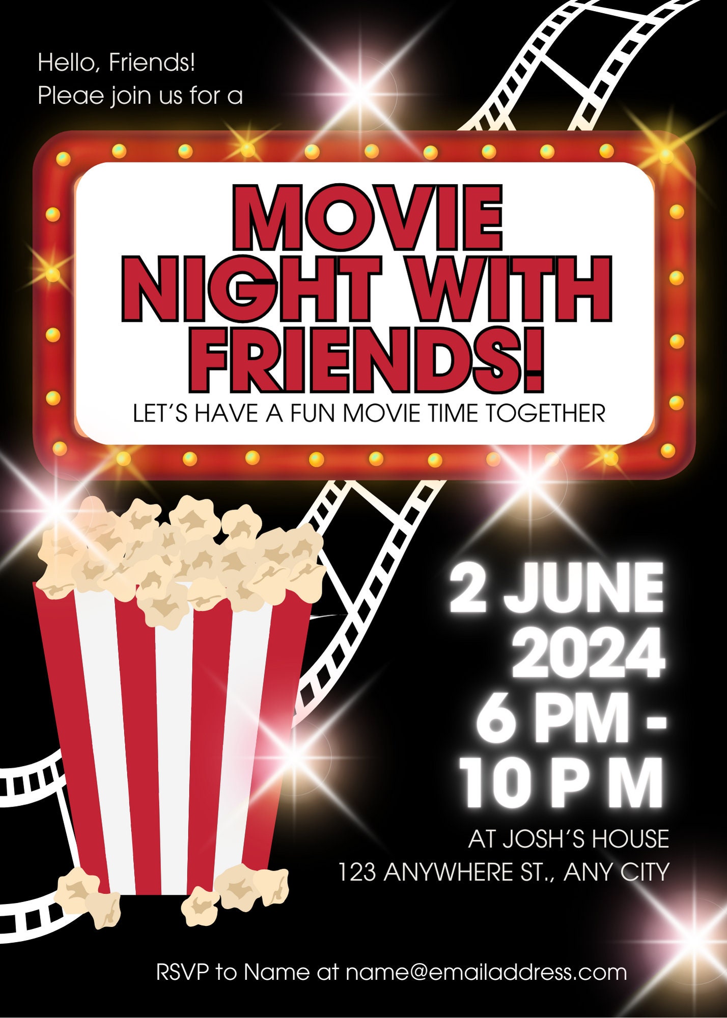 Movie Night Invitation Digital Download Template, Edit in Canva - Etsy