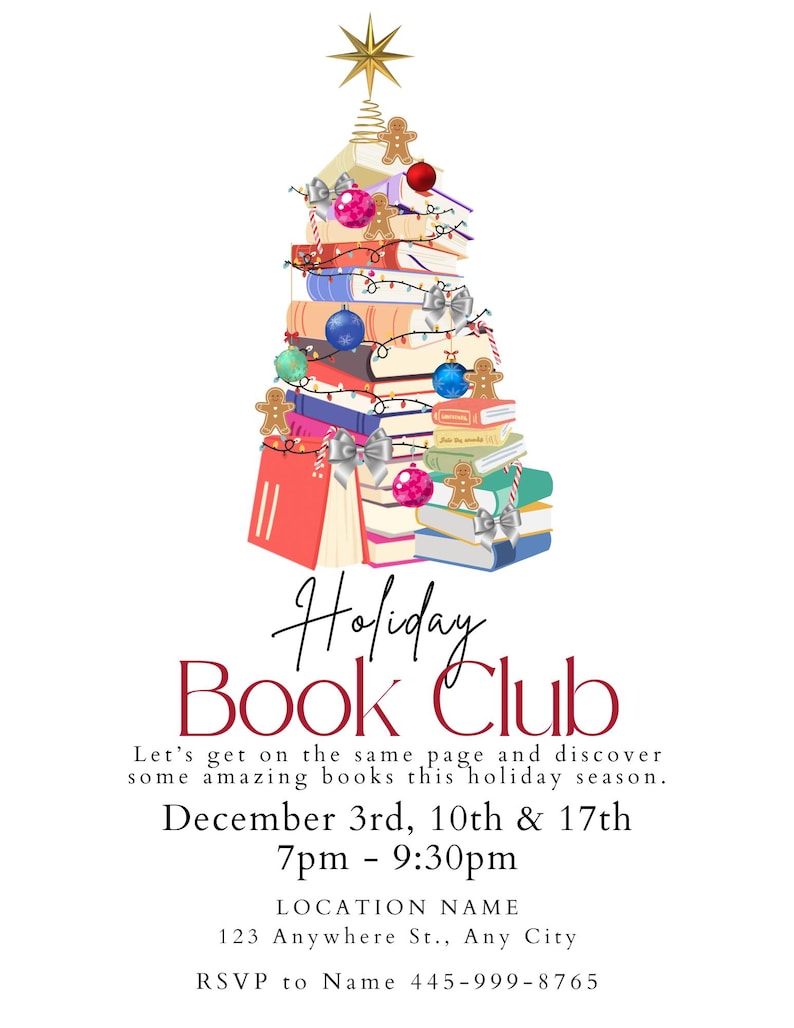 Host a Book Club for you and your friends this holiday season.  This invitation will set the tone for the perfect gathering. Simply edit your digital invitation in Canva to customize it for your needs.