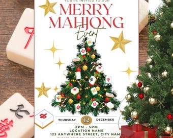 Pode incluir: Um convite festivo para um "Merry Mahjong Event" com um design de árvore de Natal. O convite inclui a data, hora e detalhes do local. Estrelas douradas e peças de Mahjong circundam o convite, criando um tema festivo.