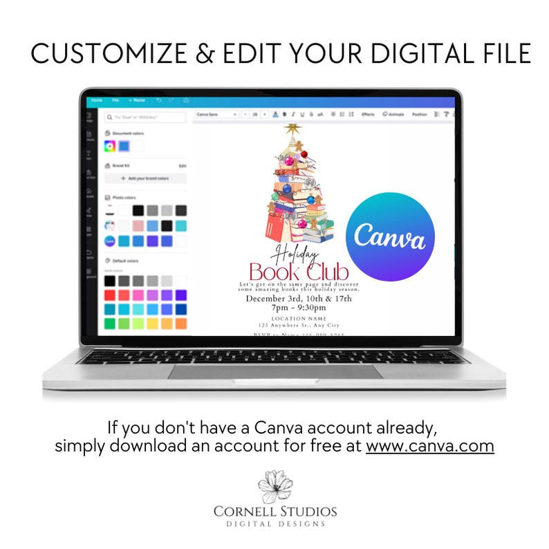 Your Book Club invitation digital download is easy to edit through Canva. You can change fonts, graphics, colors and text.  If you need extra support, we are just an email away.