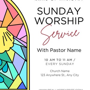 This Sunday Worship Service Flyer will set the tone for the perfect Church gathering. Simply edit your digital invitation in Canva to customize it for your needs.