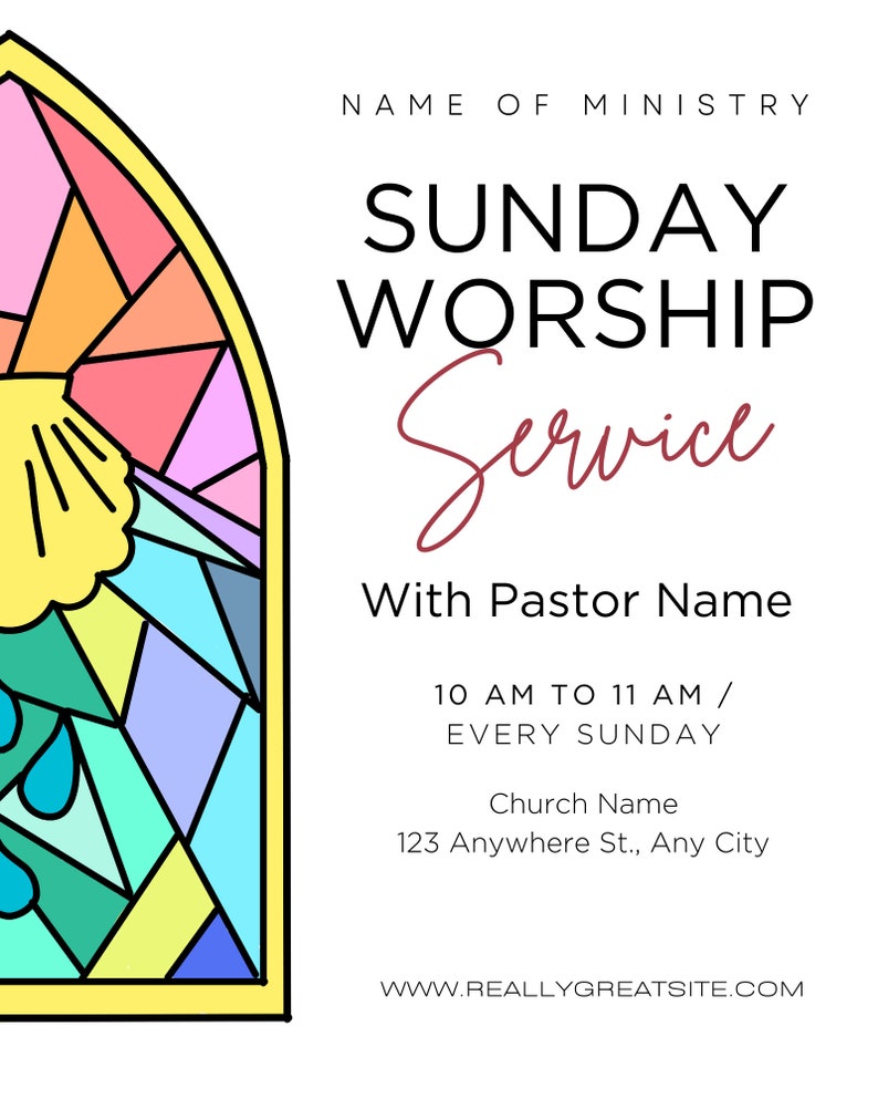This Sunday Worship Service Flyer will set the tone for the perfect Church gathering. Simply edit your digital invitation in Canva to customize it for your needs.