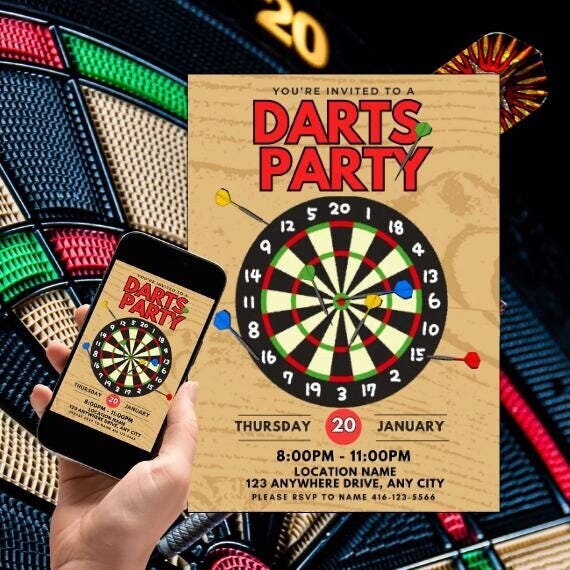 Darts Party Invitation Digital Download Template, Edit and customize in Canva, Print or send electronically. Darts and Drinks Party