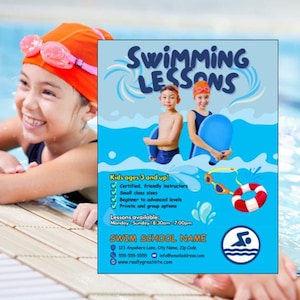 Puede incluir: Una niña sonriente con gorro y gafas de natación naranjas cerca de una piscina. Un cartel azul anuncia "Clases de natación" para niños a partir de 3 años, con detalles sobre instructores, tamaños de clase y niveles.