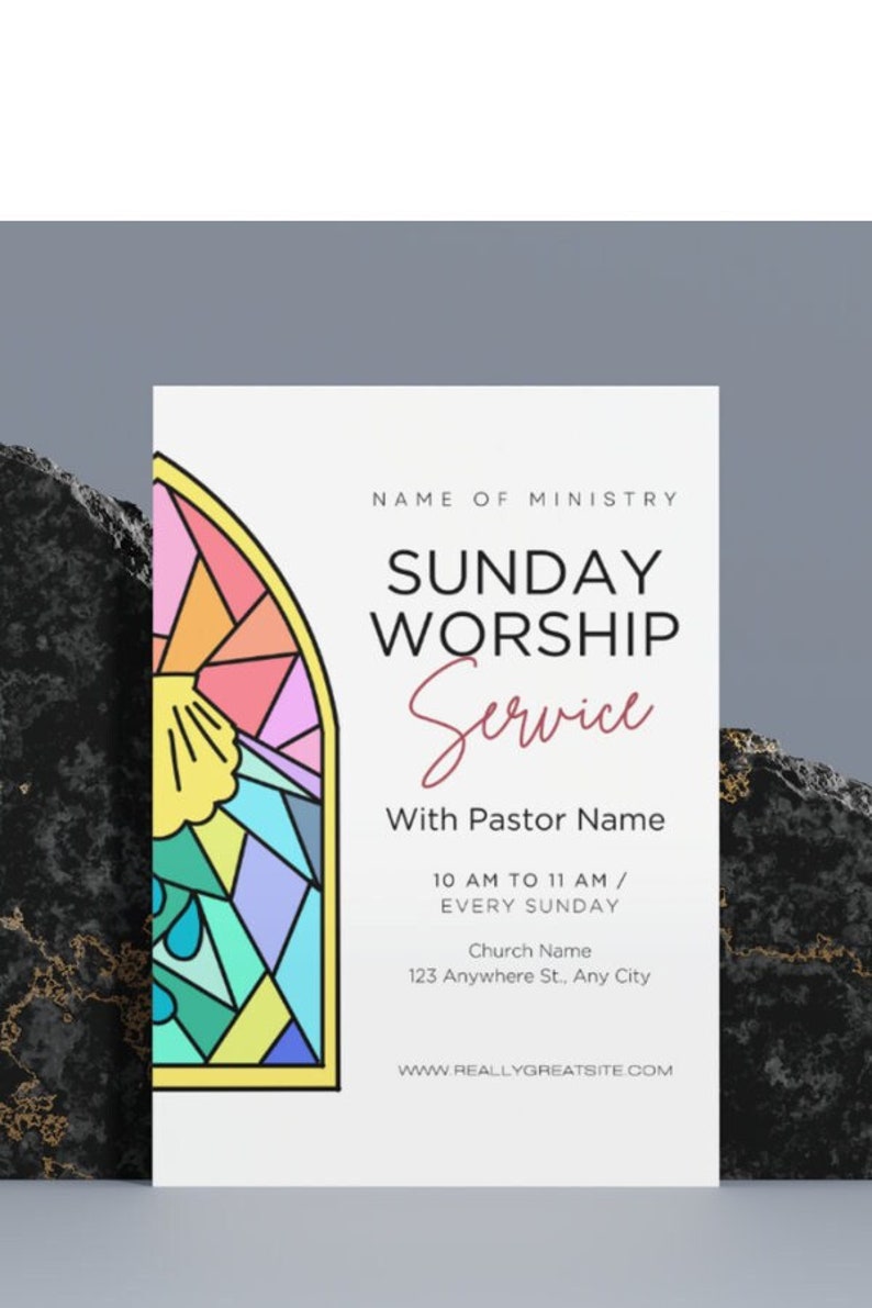 May include: A white flyer with the text "SUNDAY WORSHIP Service" and a stained glass window design. The flyer includes the time, location, and website address for a church service.