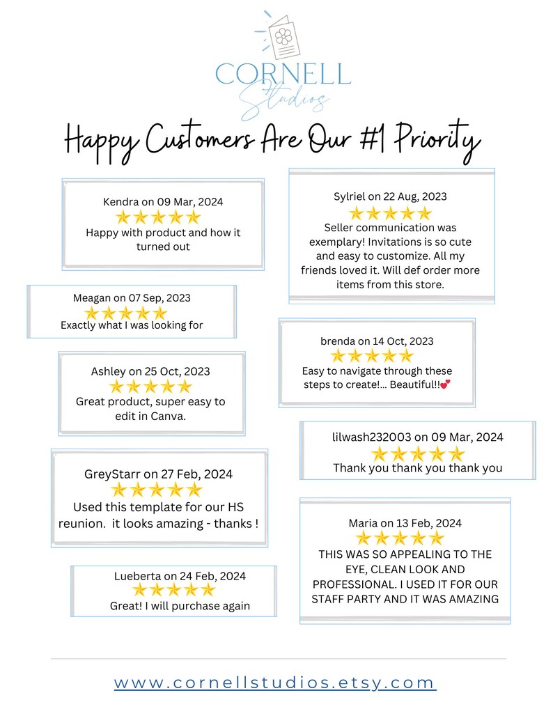 Our goal is to create beautiful designs that you enjoy and are easy to edit and use.  Here are a few of our 5 star reviews
