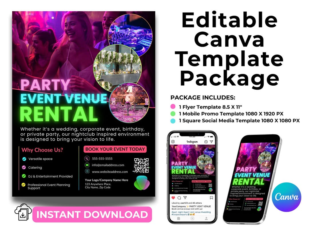 Event Venue Rental Flyer Template Bundle | Editable Canva Templates ...