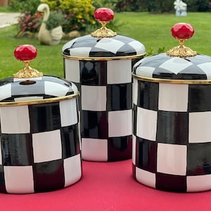 Black and white checkered enamel jar set hand made,  mason jar,  cookie jar   spell jar spice jar labels  ginger jar