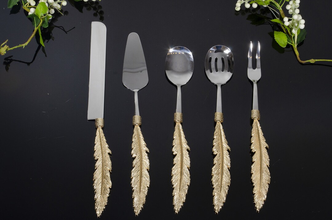 Gold Serving Spoon Set, Gold Dining Utensils Set, Serving Tongs