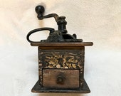 1875-1885 Black Ebonized Wood Coffee Grinder Gold hand-painted decor w Cast Iron Lid, Crank Handle 5 quot H 6 quot Sq. Box Beautiful Vintage Patina