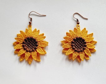 Pendientes de girasol FSL. Pendientes florales bordados a máquina. Dos diseños. Diseño FSL.