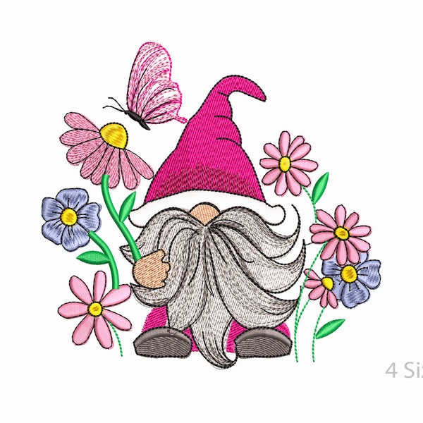 Funny Gnome and Flowers Machine Embroidery  Design, 4 Sizes