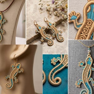 May include: A collection of jewellery featuring a lizard motif, including a pendant on a cord and a pair of drop earrings. The lizard design is crafted with metallic gold thread embroidery and vibrant turquoise blue accents, showcasing intricate patterns.