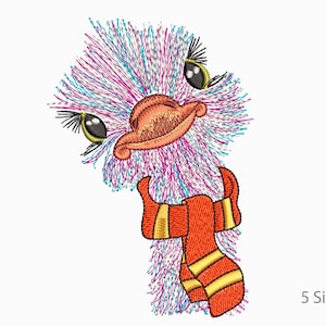 Ostrich Fall Machine Embroidery Designs, Ostrich and scarf, Bird. 3 Colors, 5 Sizes. Winter, Autumn