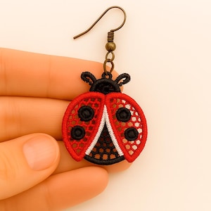 FSL Earrings. Machine Embroidery Designs. Ladybug Lace Earrings. 4x4 Hoop. Instant Download. PES and Other Formats.