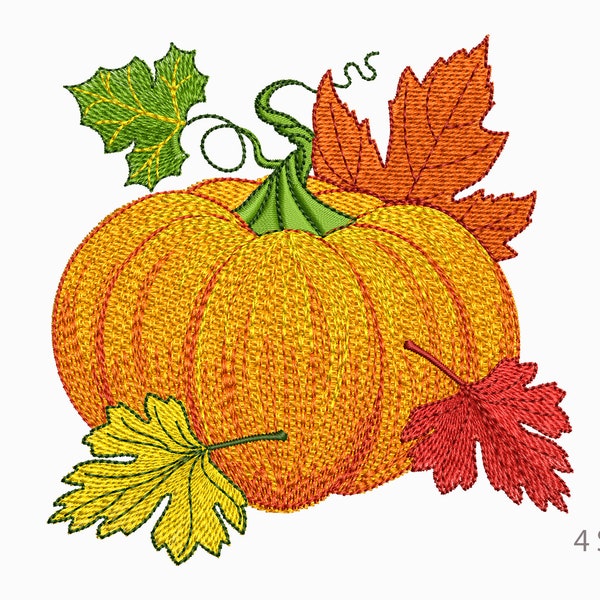 Pumpkin Machine Embroidery Design, Embroidered Pumpkin With Leaves, Thanksgiving Embroidery, Fall Embroidery Design, 4 Sizes