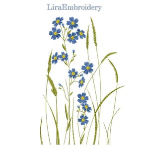 Maschinenstickerei Blumen. Vergissmeinn ich-nicht-Kräuter. Wiesenblumen. Botanisches Kräuter - Blumenkraut - Wiesengras. Floraler Botanischer Garten