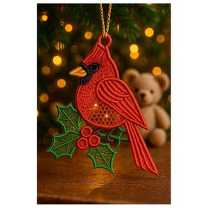 FSL Red Cardinal. Winter Bird Machine Embroidery Designs. Christmas Tree Decoration. 5x7 Hoop. Instant Download. PES and Other Formats.