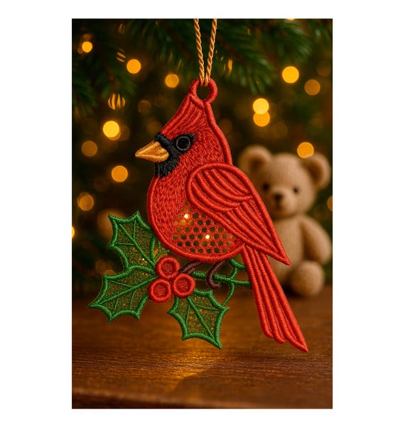 FSL Red Cardinal. Winter Bird Machine Embroidery Designs. Christmas Tree Decoration. 5x7 Hoop. Instant Download. PES and Other Formats.