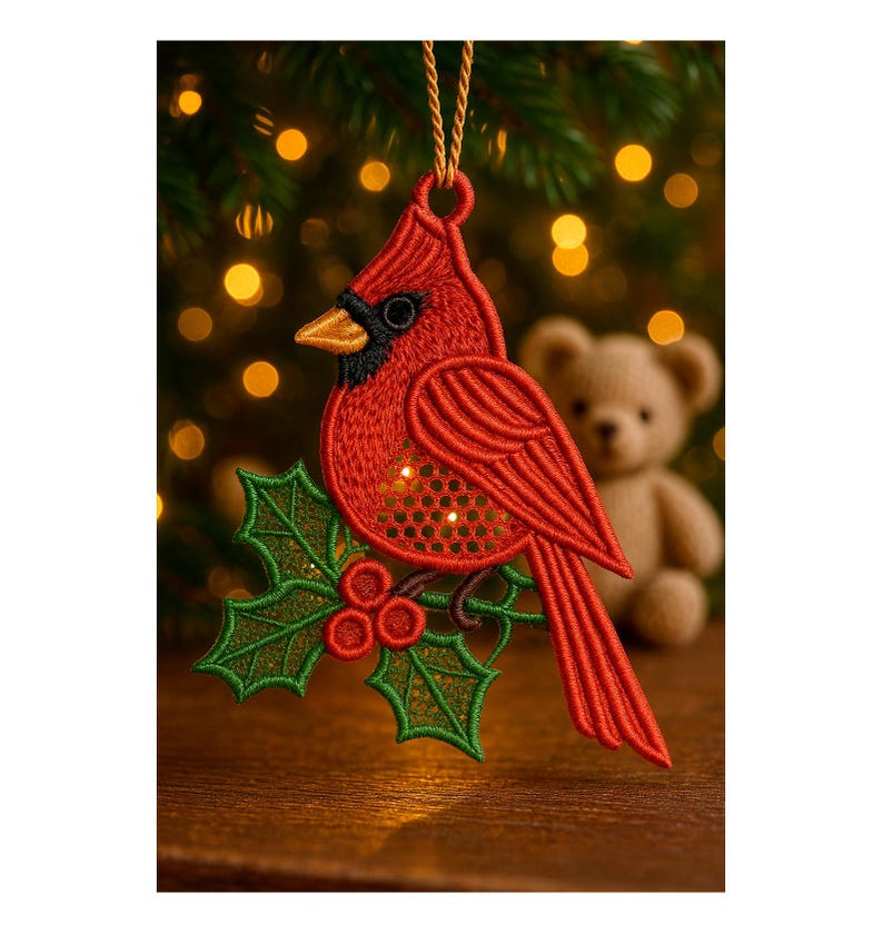 FSL Cardinal rouge. Motifs de broderie Machine oiseaux d'hiver. Décoration d'arbre de Noël. Cerceau 5x7. Téléchargement instantané. PSE et autres formats. image 1