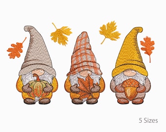 3 herfstkabouters herfstbladeren machineborduurontwerp, 5 maten.