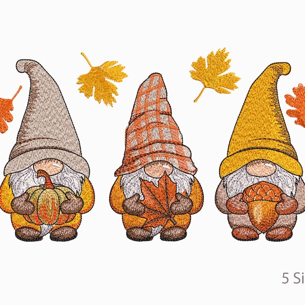 3 Autumn gnomes Fall Leaves Machine Embroidery Design, 5 sizes.